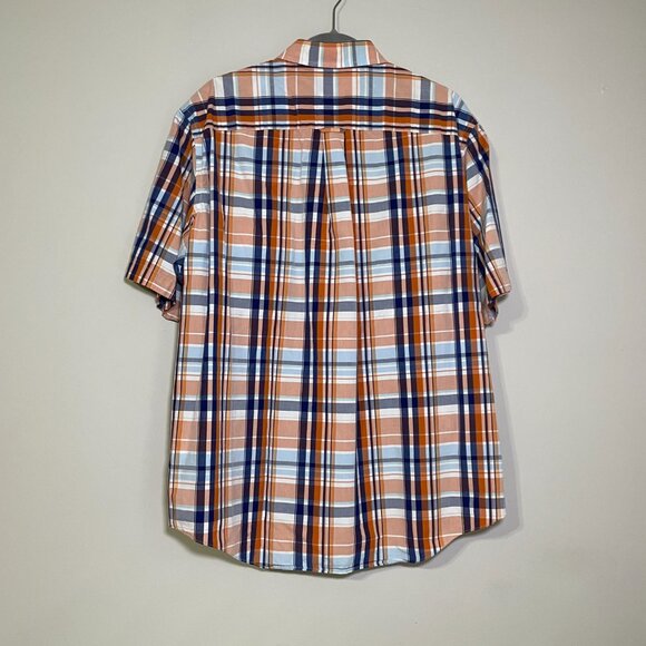 Men's Large Cabela's Orange & Blue Plaid Short Sleeve Button Down Shirt - Picture 6 of 6